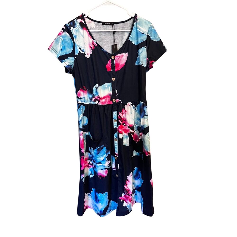 NWT OUGES Women's V Neck Floral Button Down Skater Dress with Pockets XL - Picture 2 of 10